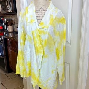 NWT Cynthia Ashby maize yellow & white tie-dyed open front oversized top M